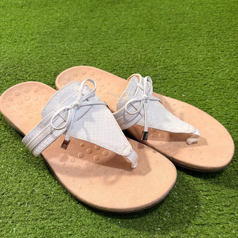 Vionic Amaya White Snake Embossed Bow Thong Sandals Womens 9.5 TVW5687